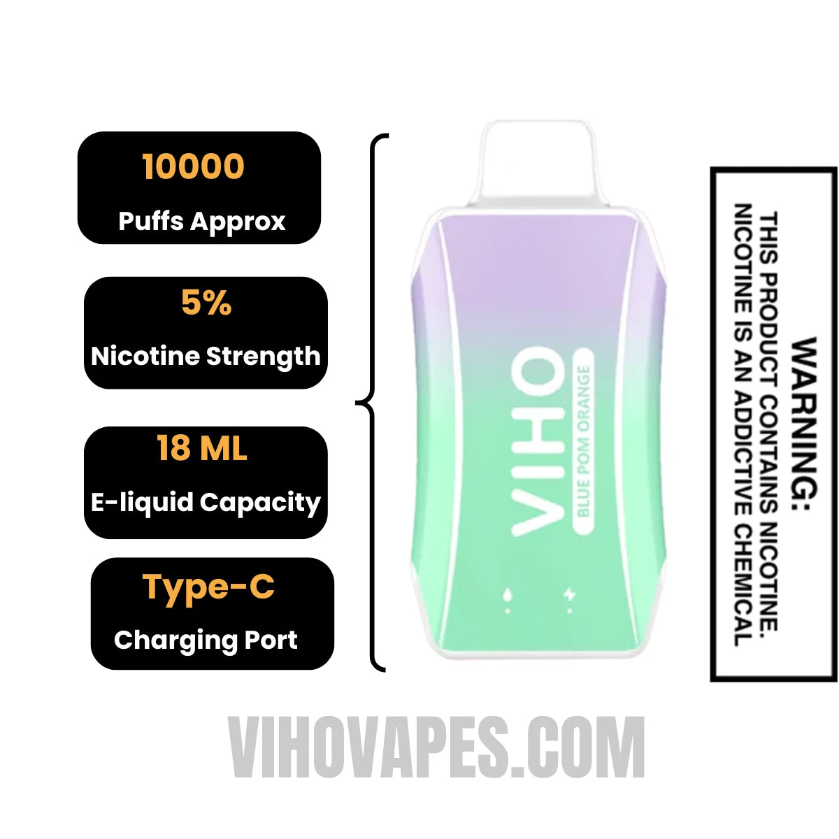 Blue Pom Orange Viho Turbo Vape Specifications