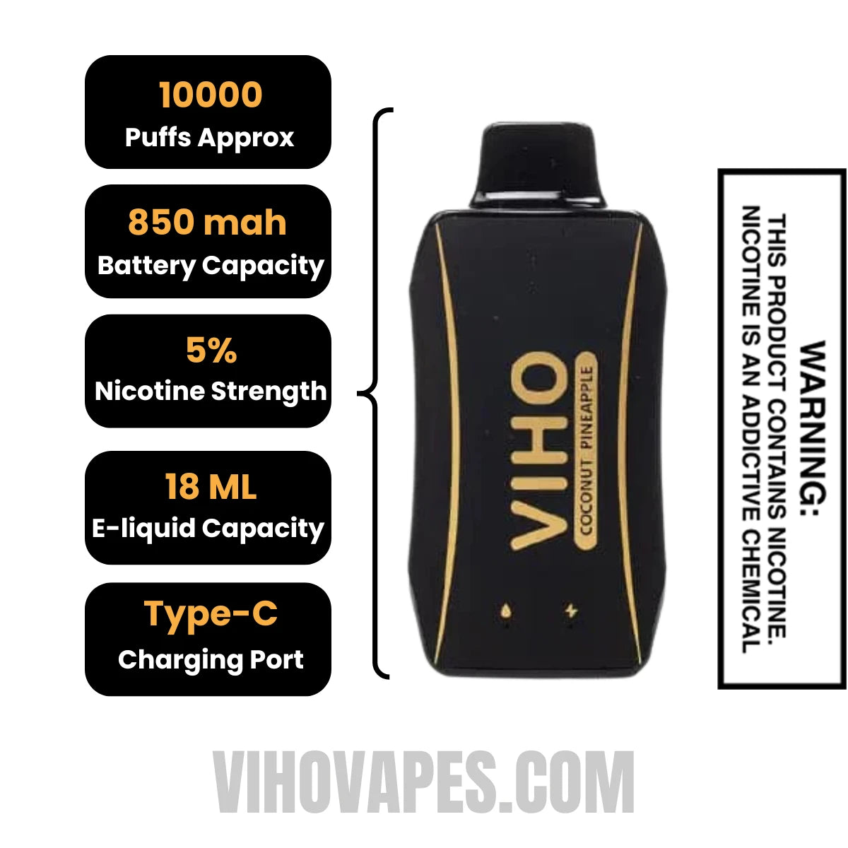 Coconut Pineapple VIHO Turbo Vape 10000 Puffs Specifications