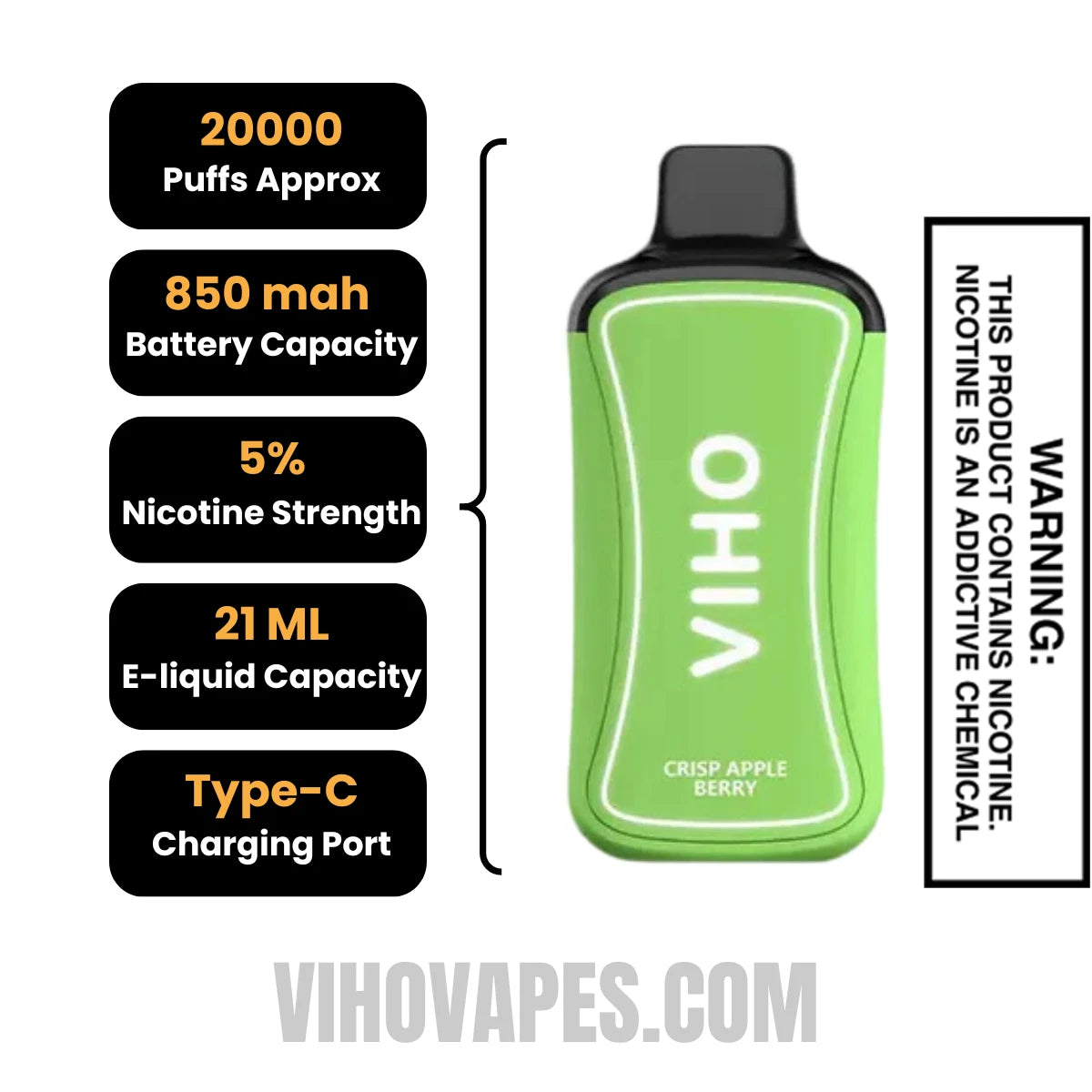 Crisp Apple Berry VIHO Supercharge 20000 Puffs Vape Specifications