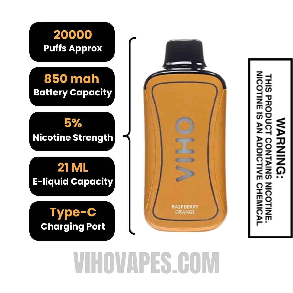 Raspberry Orange VIHO Supercharge 20000 Puffs Vape Specifications