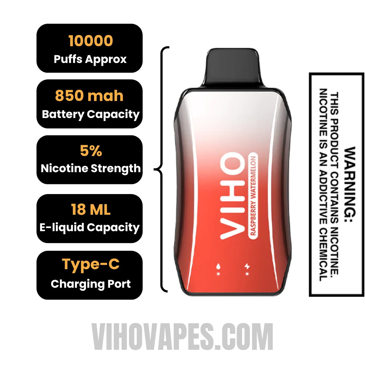 Raspberry Watermelon VIHO Turbo Vape 10000 Puffs Specifications