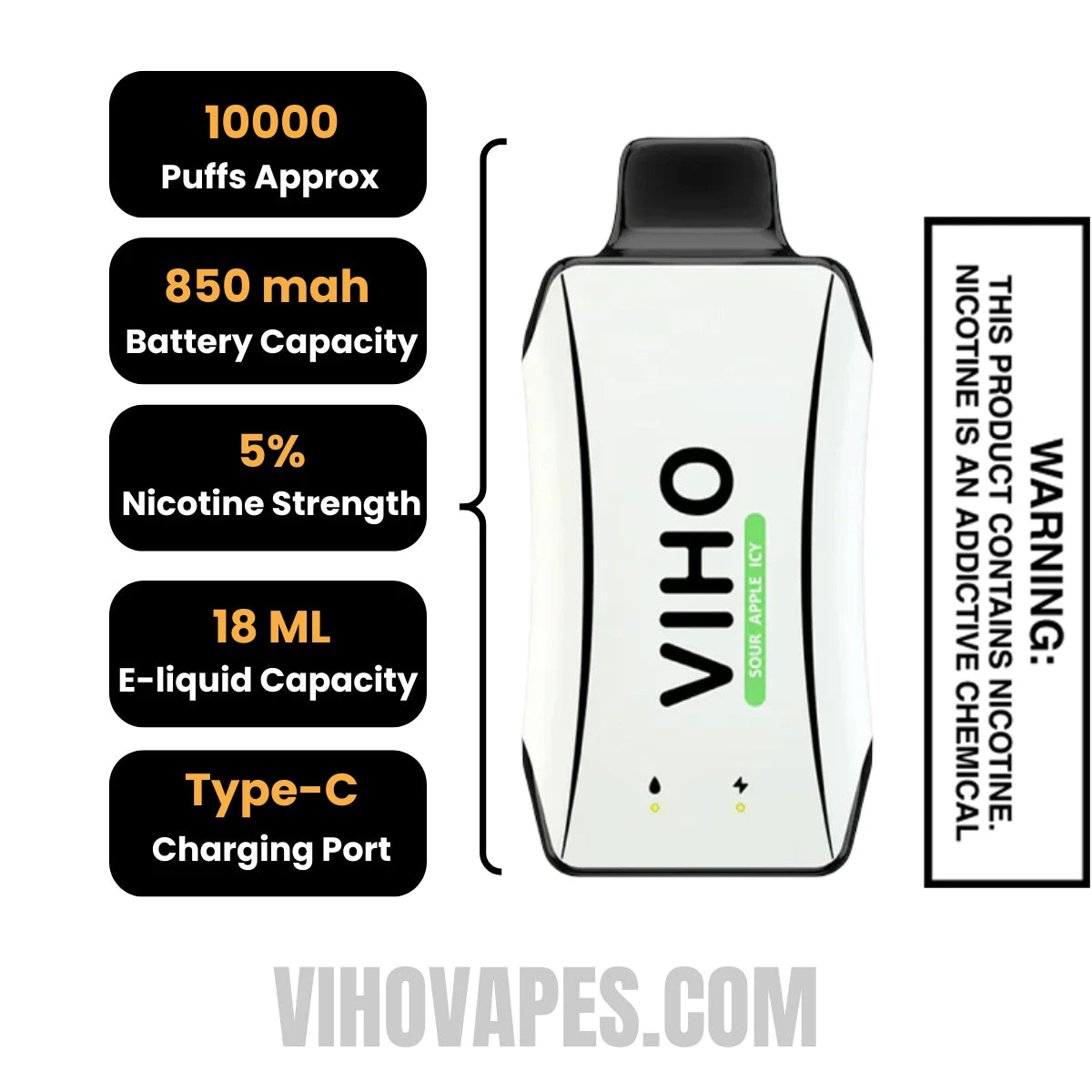 Sour Apple Icy VIHO Turbo Vape 10000 Puffs Specifications