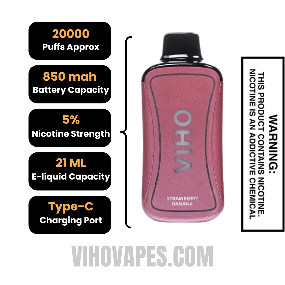 Strawberry Banana VIHO Supercharge 20000 Puffs Vape Specifications