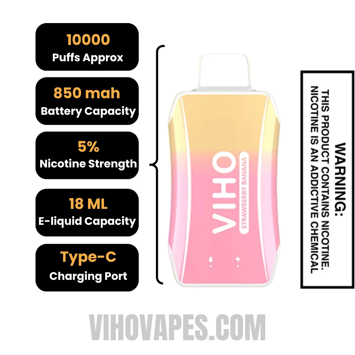 Strawberry Banana VIHO Turbo Vape 10000 Puffs Specifications