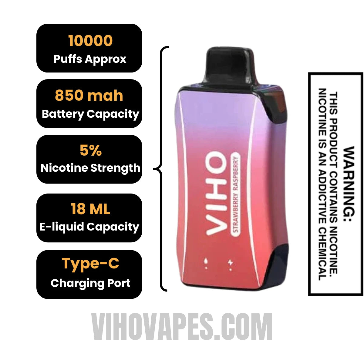 Strawberry Raspberry VIHO Turbo Vape 10000 Puffs Specifications