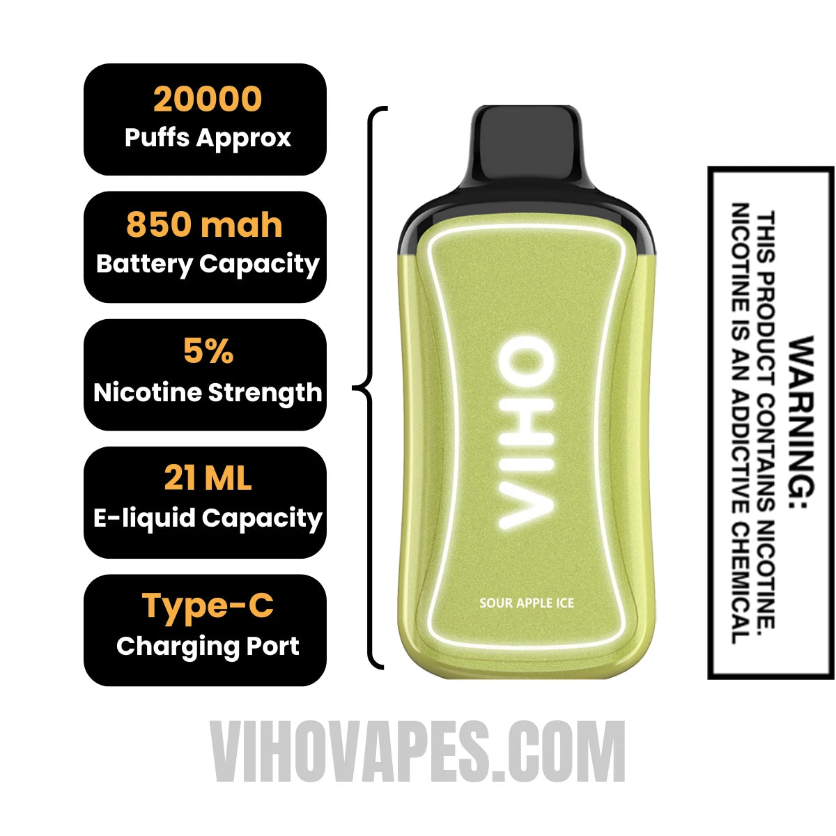 Sour Apple Ice VIHO Supercharge ZERO Nicotine Vape Specification