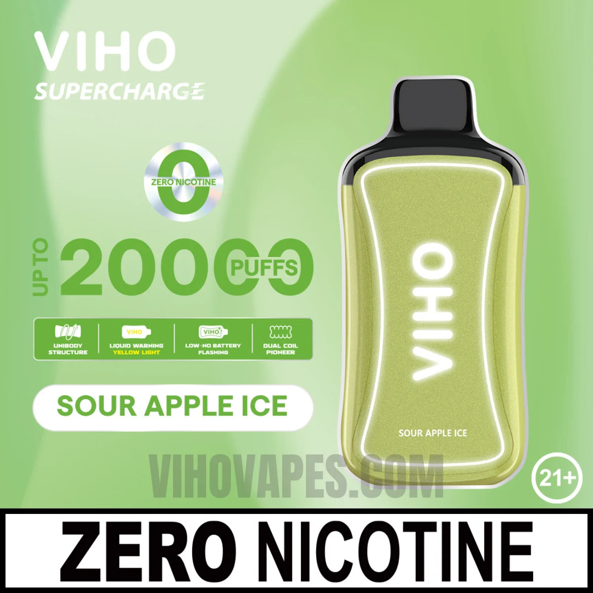 Sour Apple Ice VIHO Supercharge ZERO Nicotine Vape with puffs