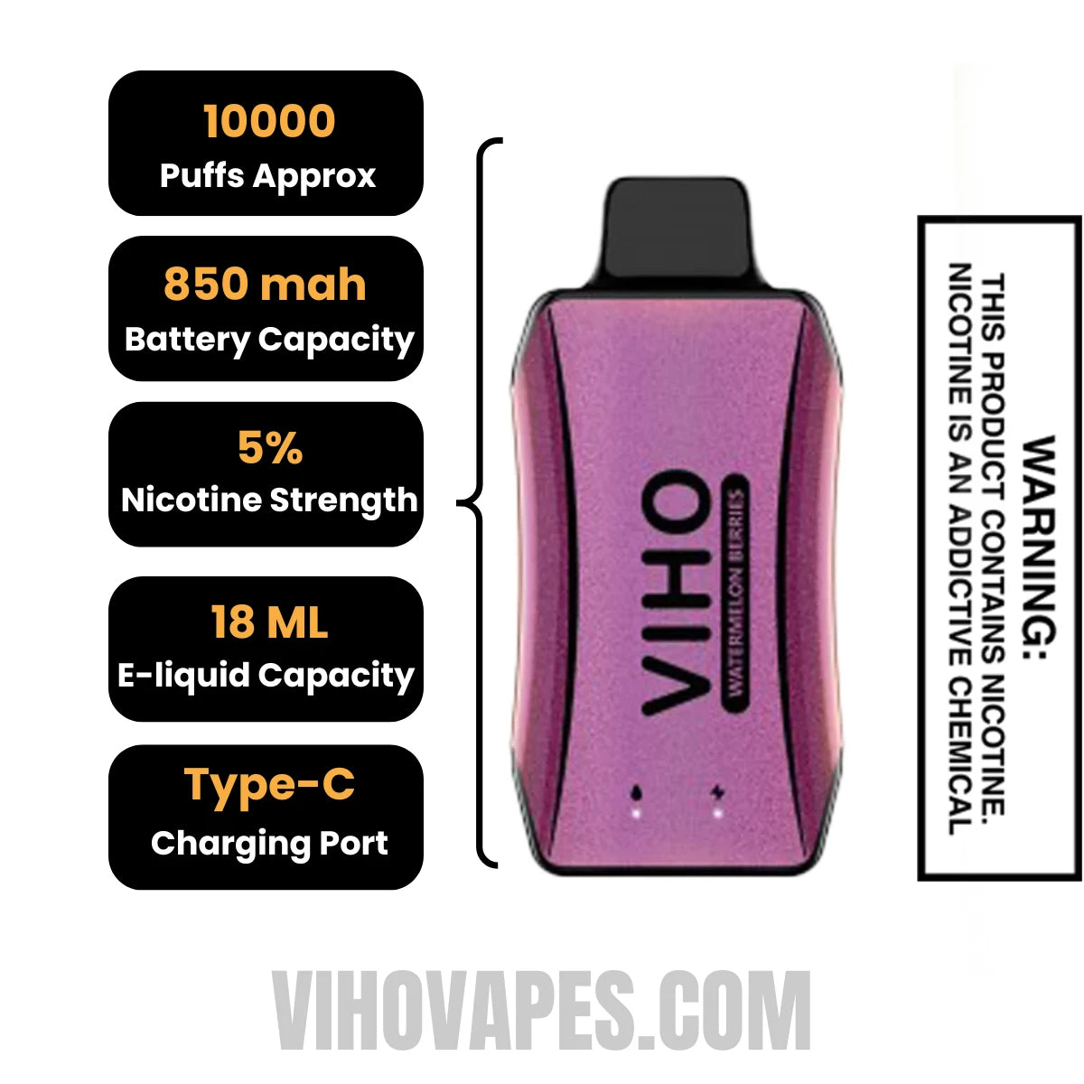 Watermelon Berries VIHO Turbo Vape 10000 Puffs Specifications