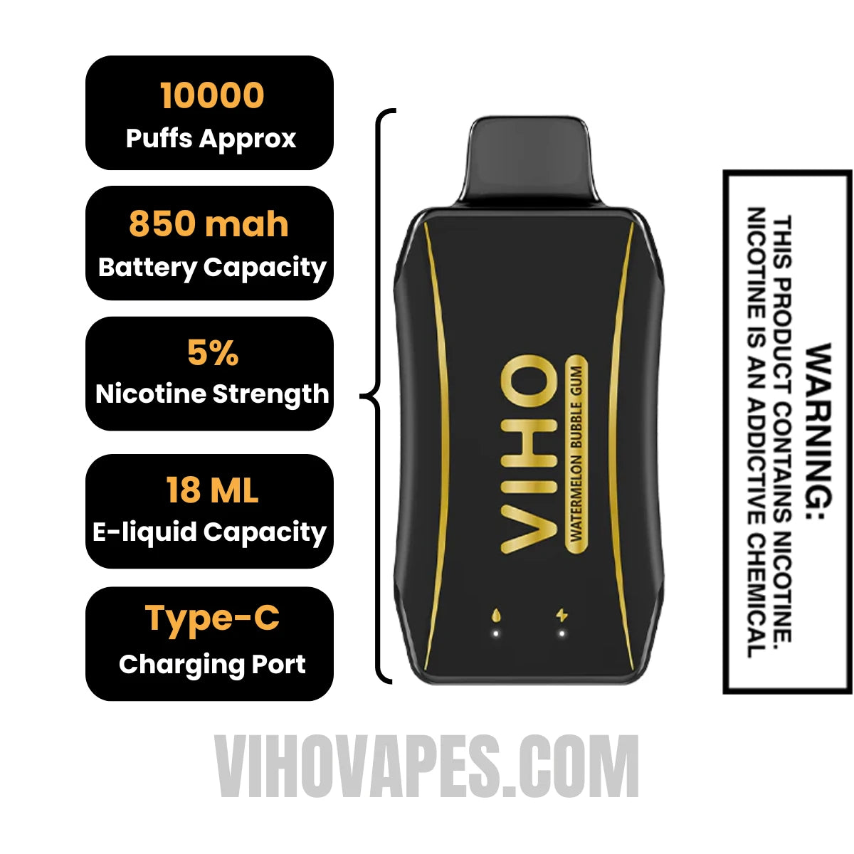 Watermelon Bubble Gum VIHO Turbo Vape 10000 Puffs Specifications