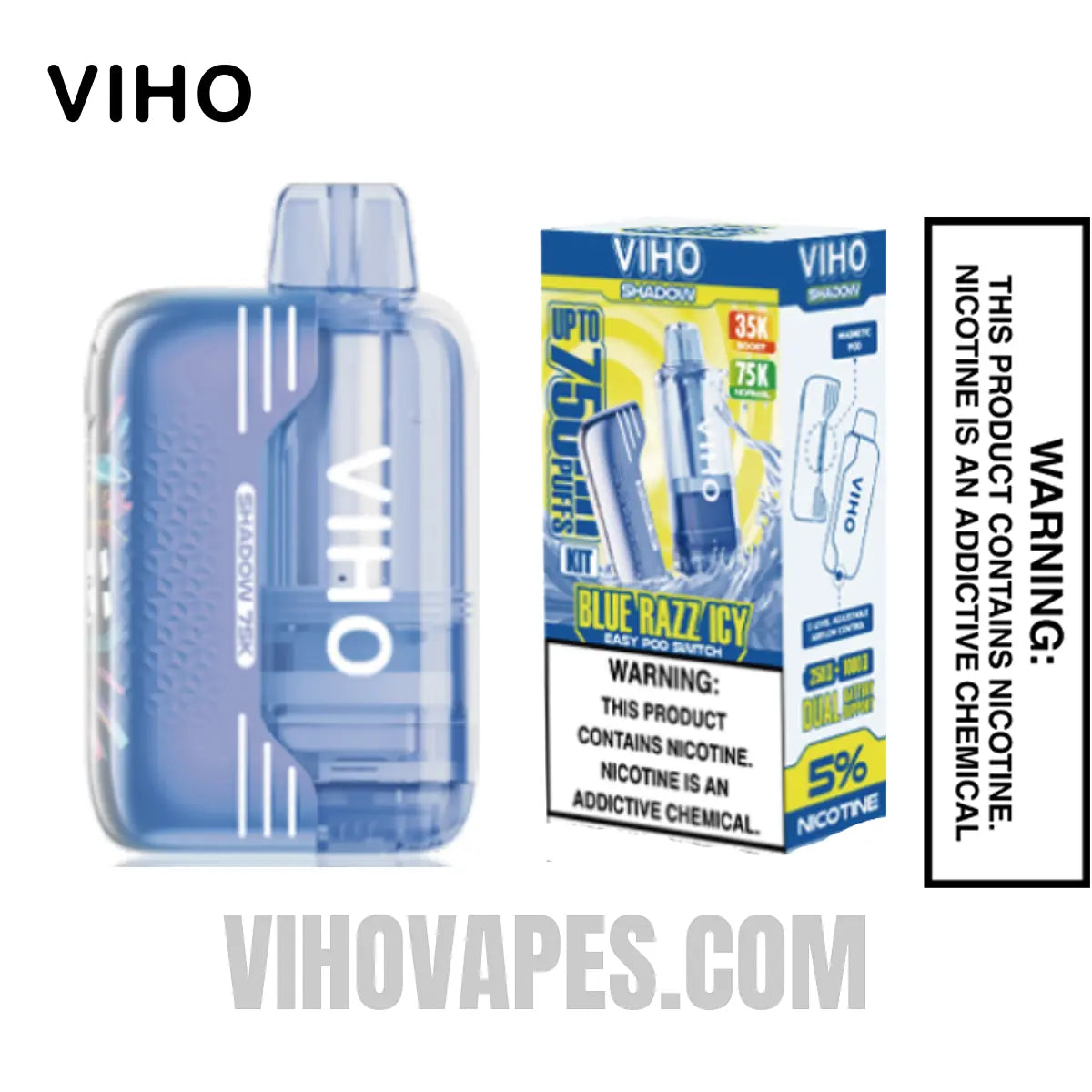 Blue Razz Icy VIHO Shadow 75K Vape Kit With Package Box
