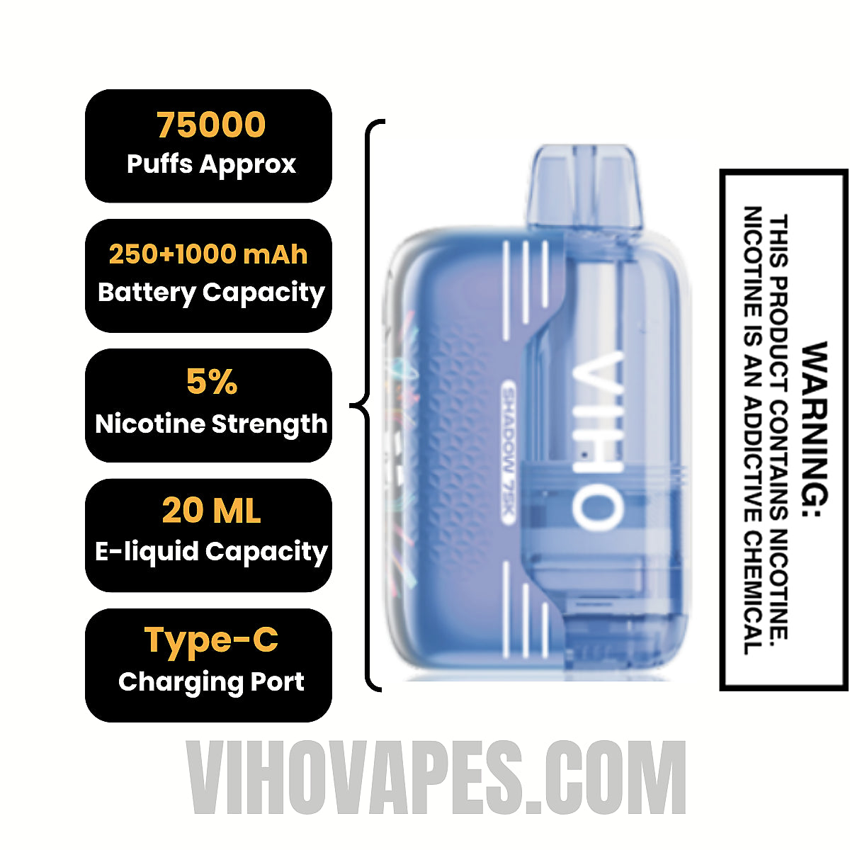 Blue Razz Icy VIHO Shadow 75K Vape Kit Specifications