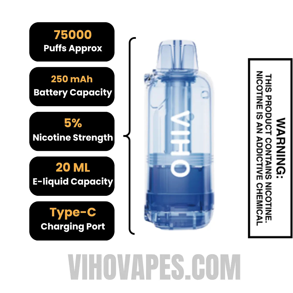 Blue Razz Icy VIHO Shadow 75K Vape Pod Specifications