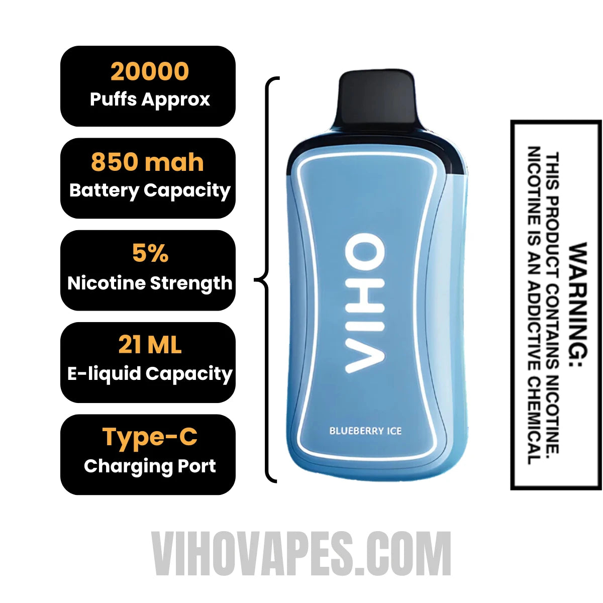 Blueberry Ice VIHO Supercharge 20000 Puffs Vape Specifications