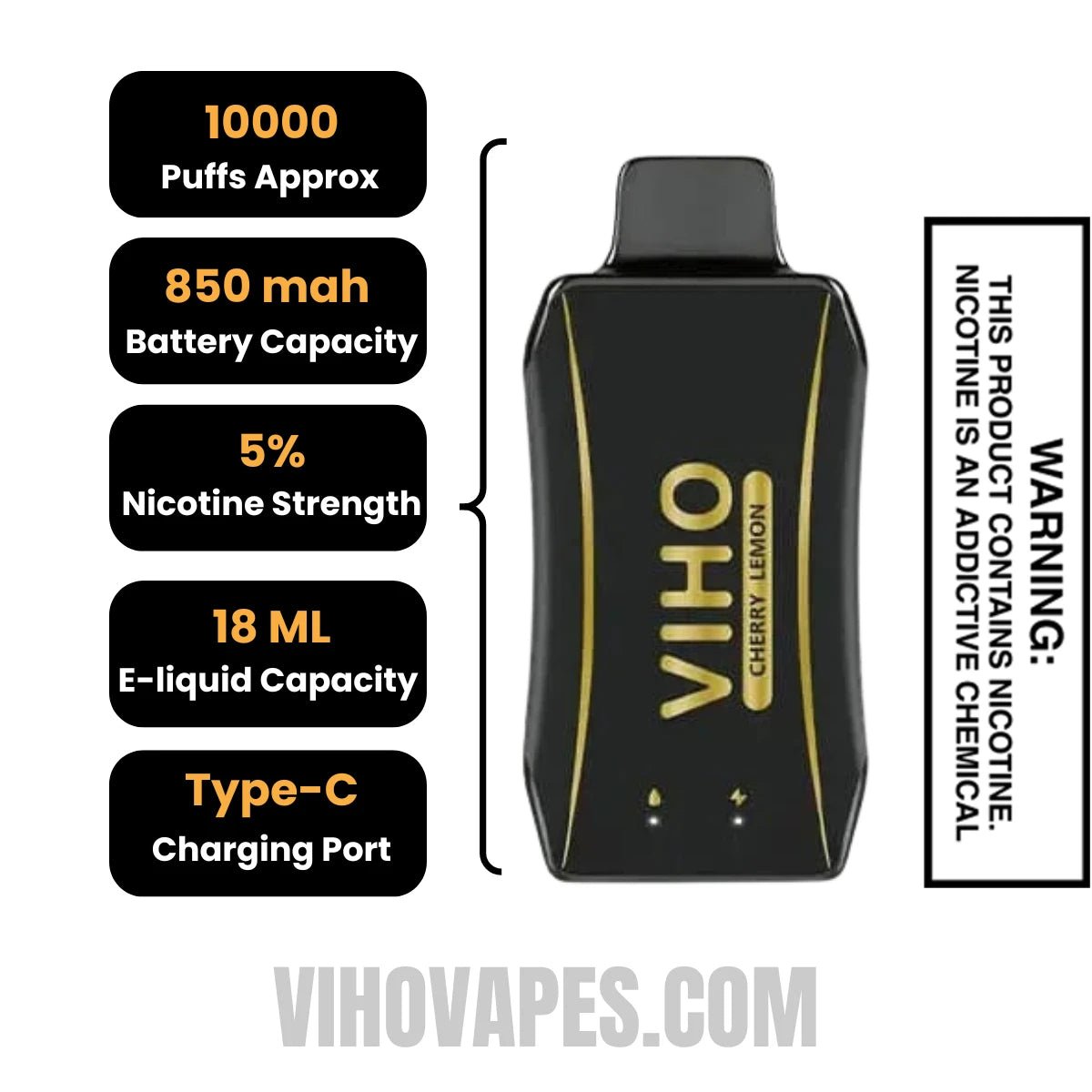Cherry Lemon VIHO Turbo Vape 10000 Puffs Specifications