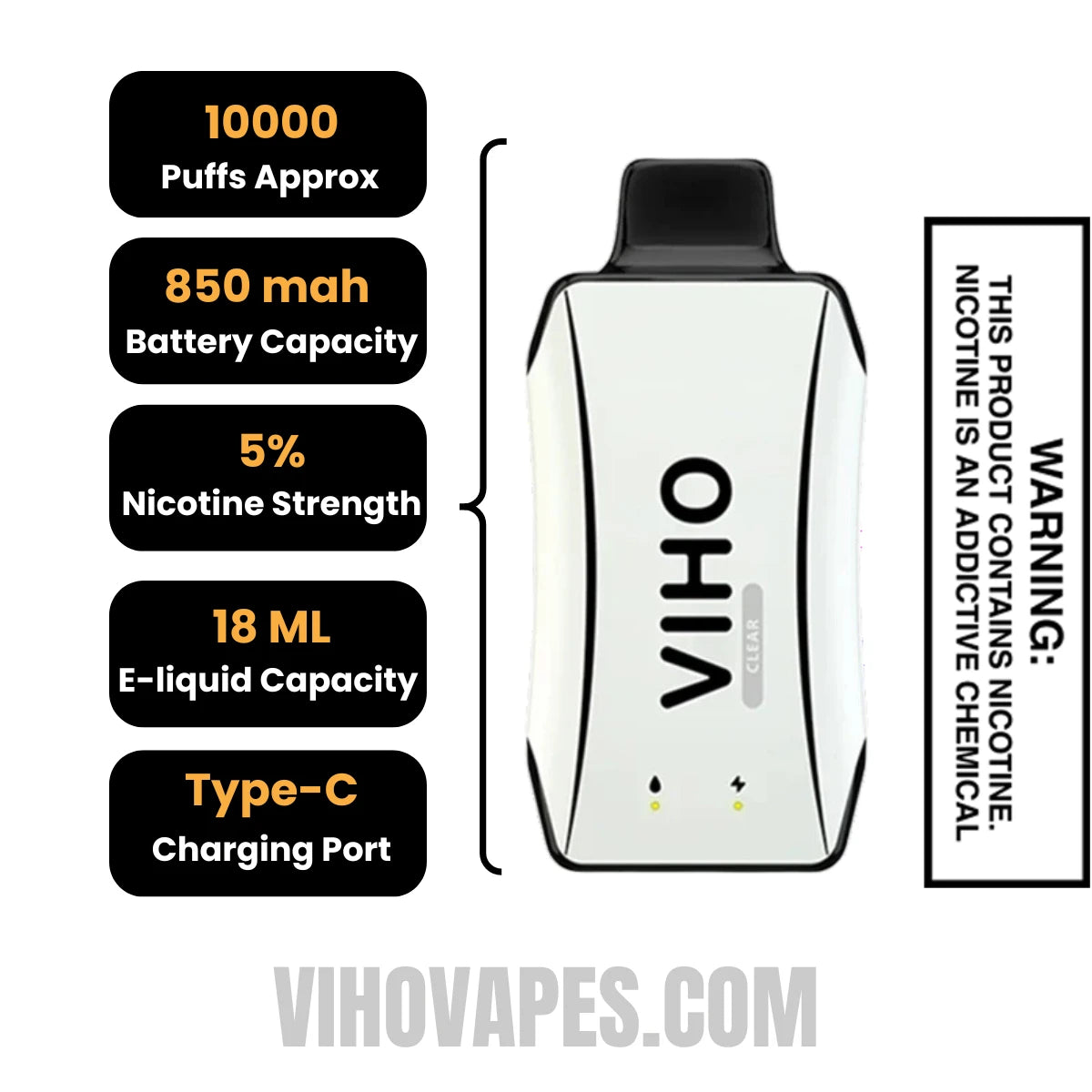 Clear VIHO Turbo Vape 10000 Puffs Specifications