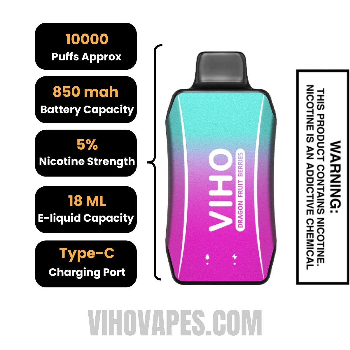 Dragon Fruit Berries VIHO Turbo Vape 10000 Puffs Specifications