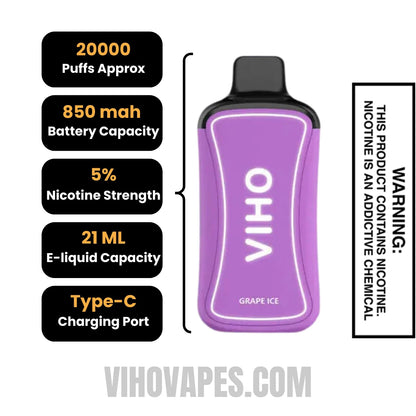 Grape Ice VIHO Supercharge 20000 Puffs Vape Specifications