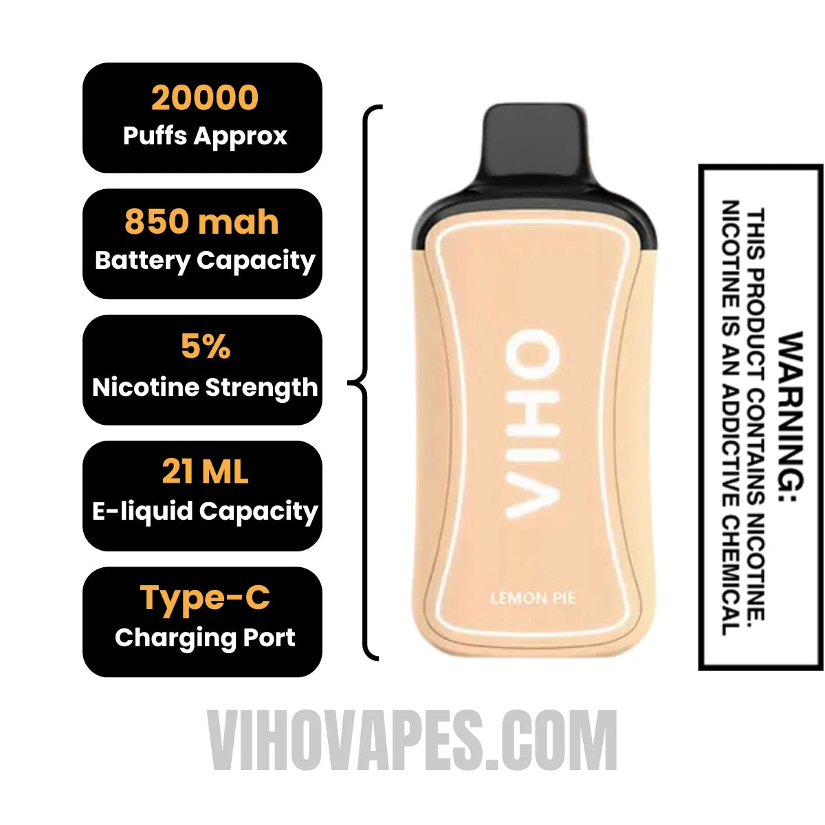 Lemon Pie VIHO Supercharge 20000 Puffs Vape Specifications