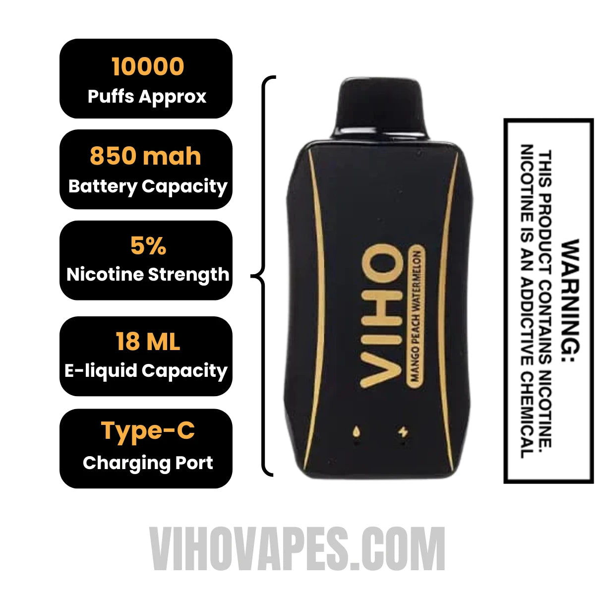 Mango Peach Watermelon VIHO Turbo Vape 10000 Puffs Specifications