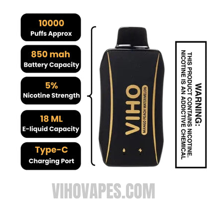 Mango Peach Watermelon VIHO Turbo Vape 10000 Puffs Specifications