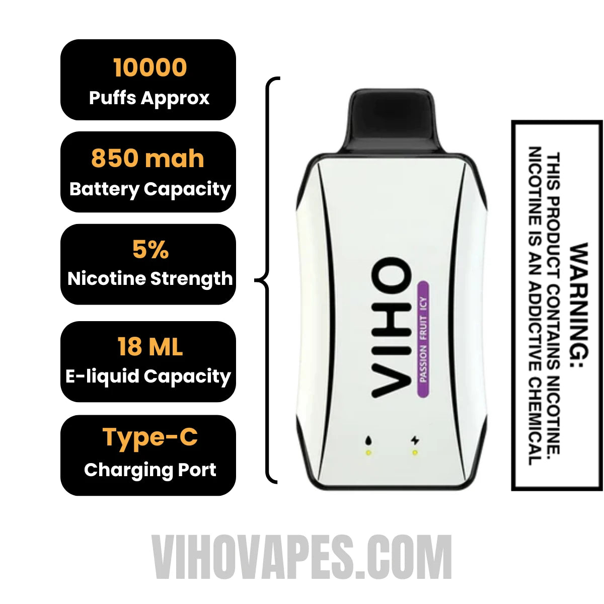 Passion Fruit Icy VIHO Turbo Vape 10000 Puffs Specifications