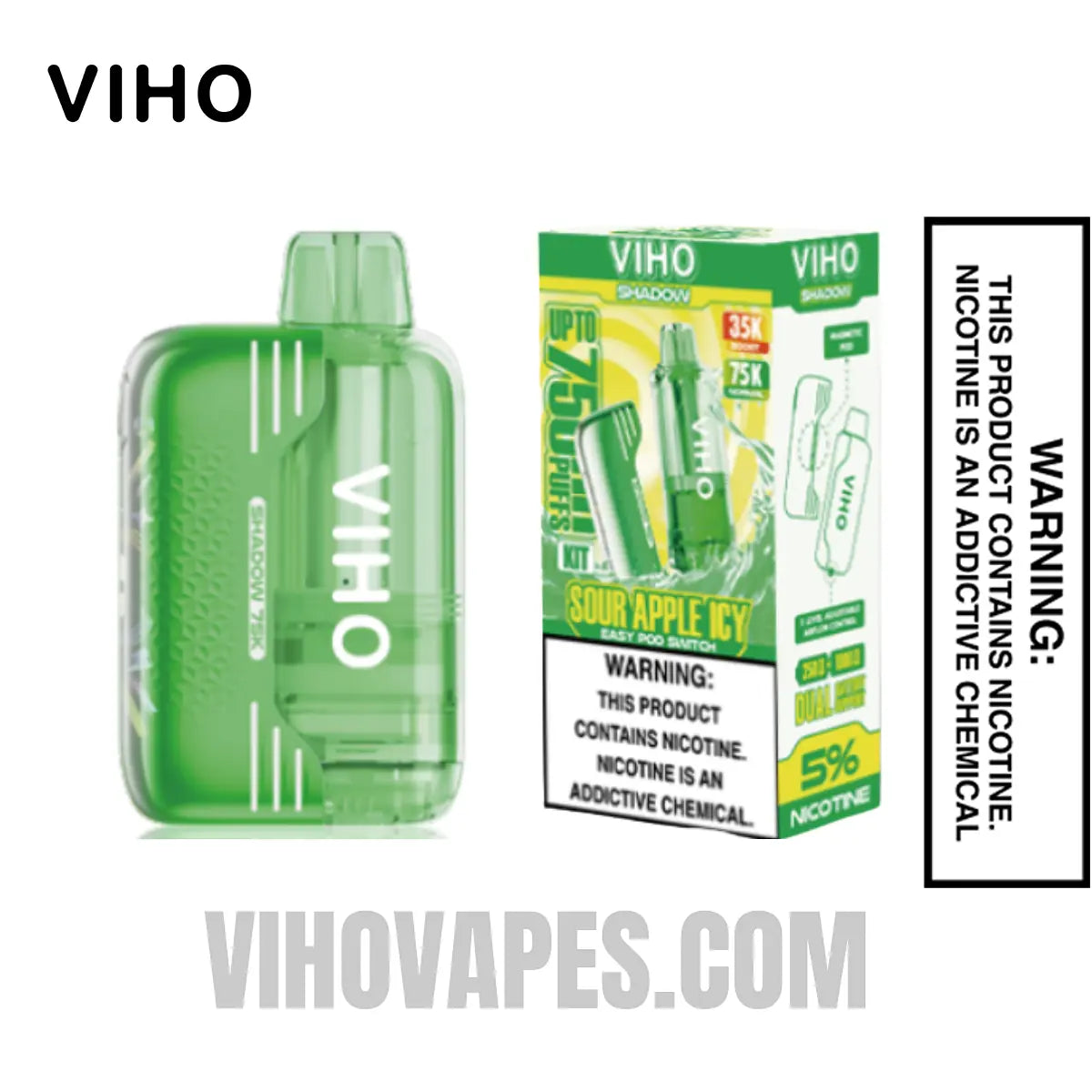 Sour Apple Icy VIHO Shadow 75K Vape Kit With Package Box