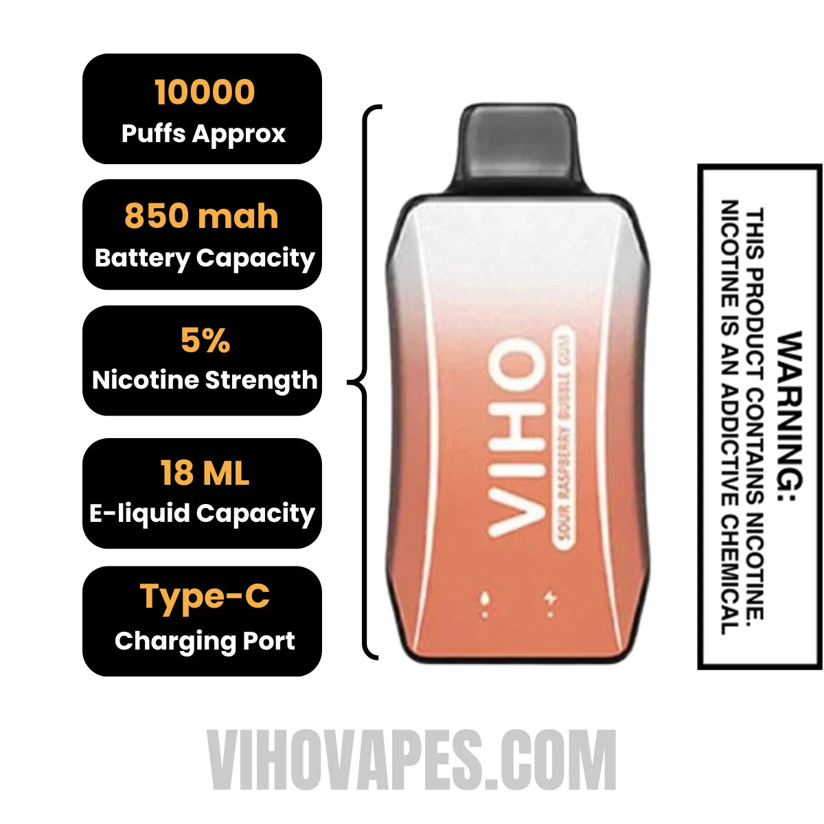 Sour Raspberry Bubble Gum VIHO Turbo Vape 10000 Puffs Specifications