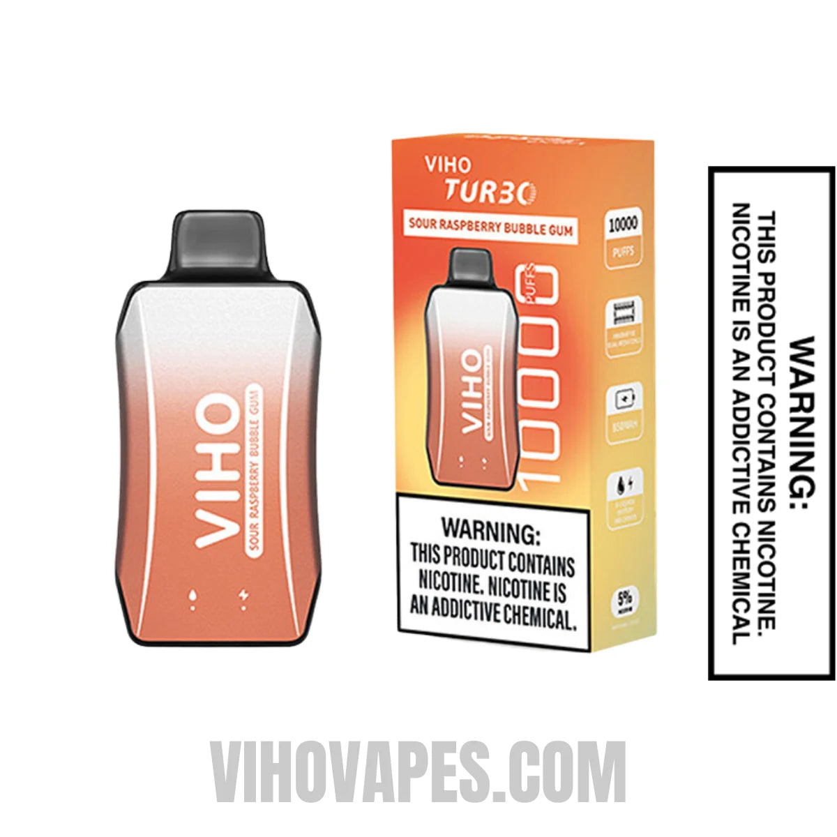 Sour Raspberry Bubble Gum VIHO Turbo Vape 10000 Puffs with Package Box