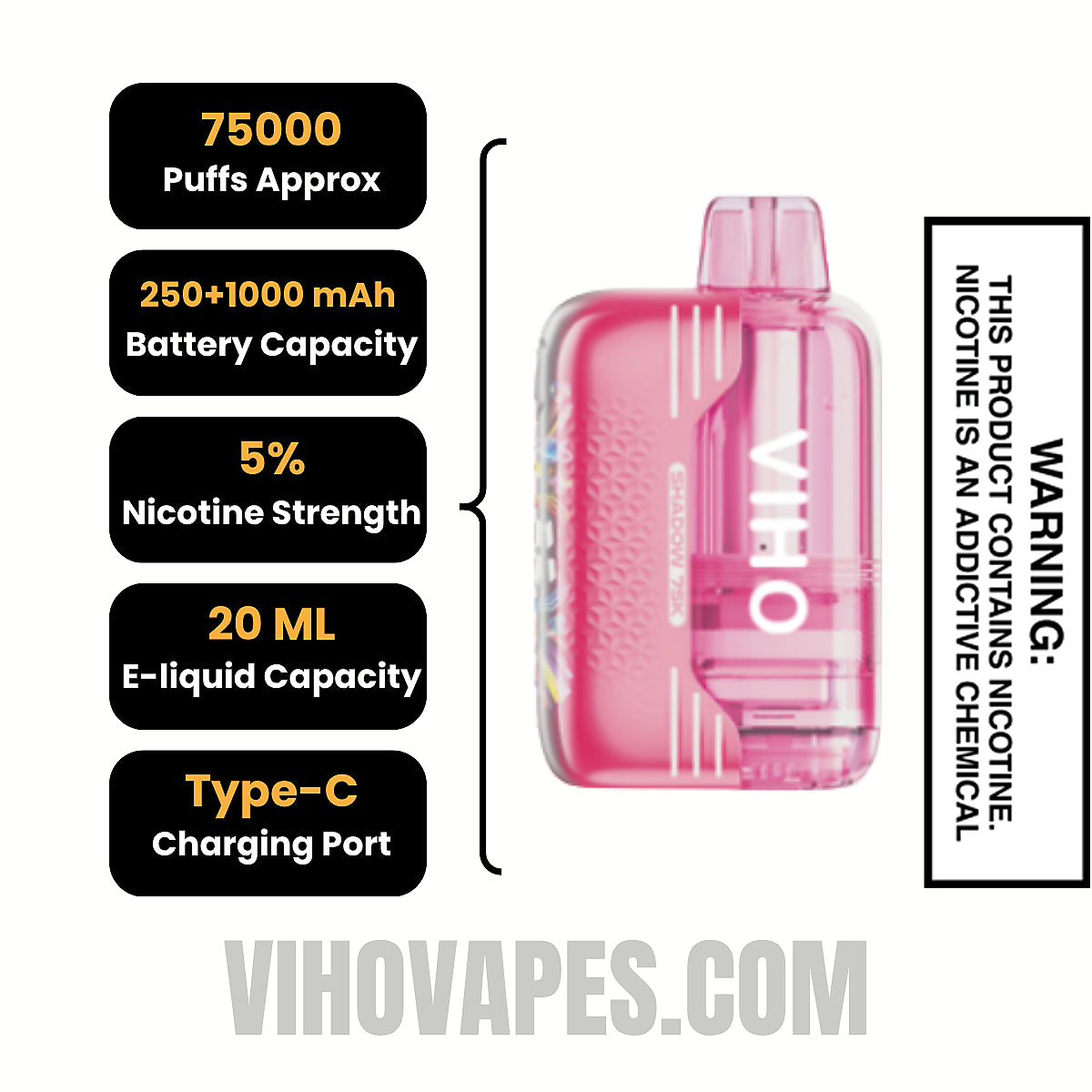 Sour Strawberry VIHO Shadow 75K Vape Kit Specifications