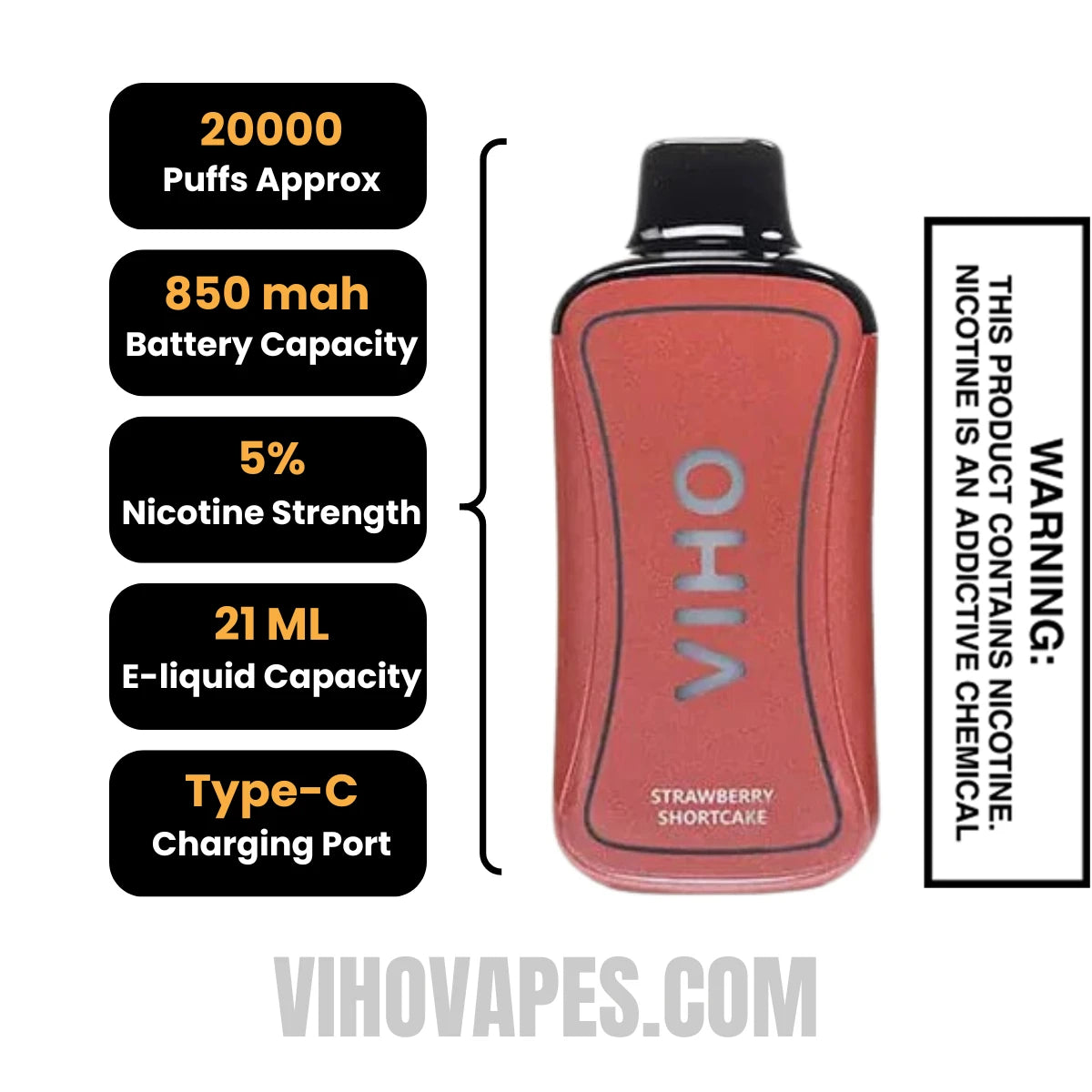 Strawberry Shortcake VIHO Supercharge 20000 Puffs Vape Specifications