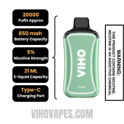 Viho Clear (Green Box) Supercharge Vape 20000 Puffs Specifications