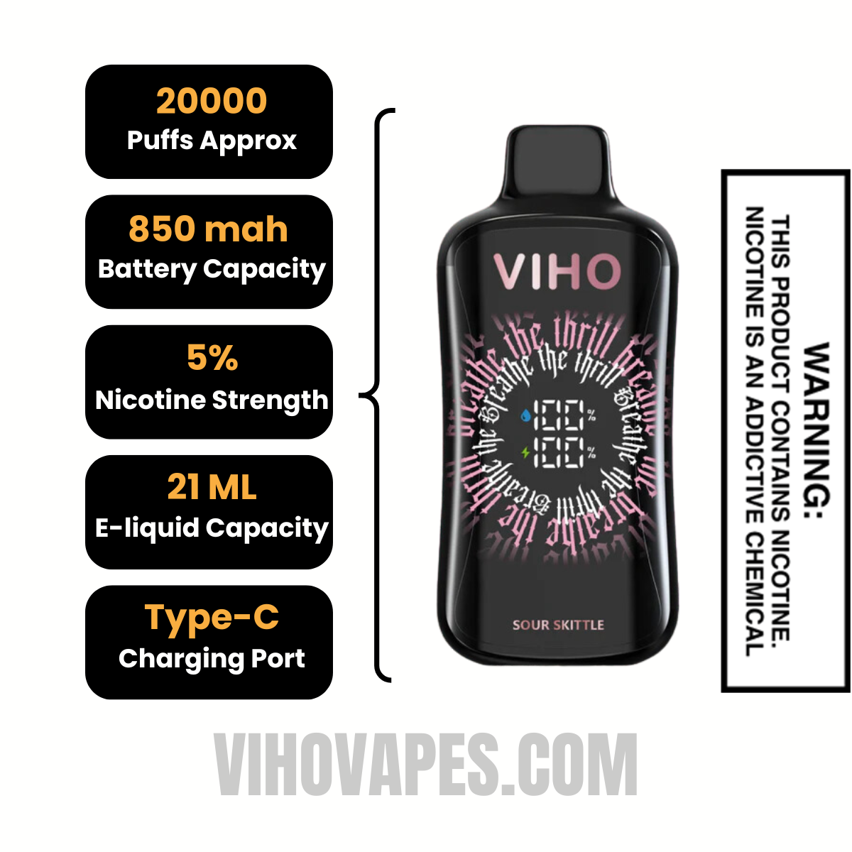 Viho Sour Skittles Supercharge Pro Vape 20000 Puffs Specifications